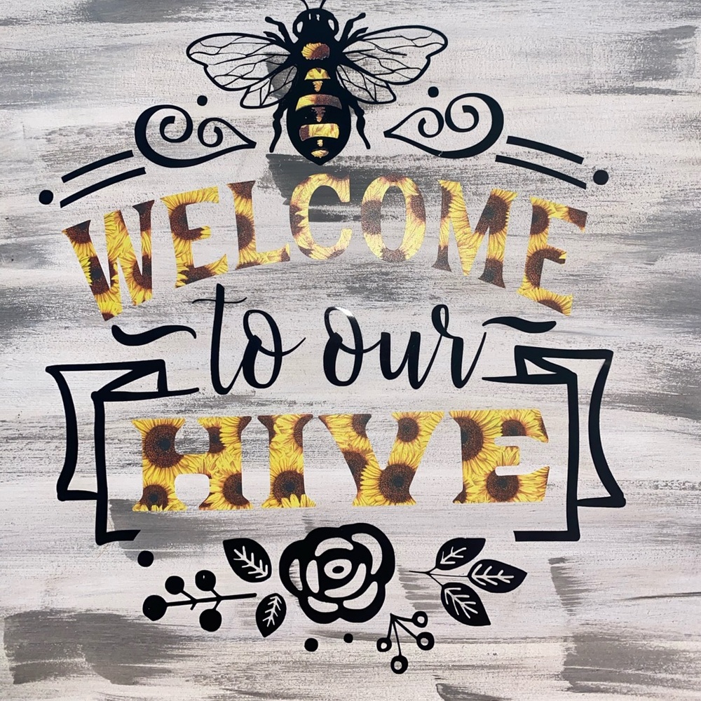 Handmade, hand painted and vinyl Bee sign